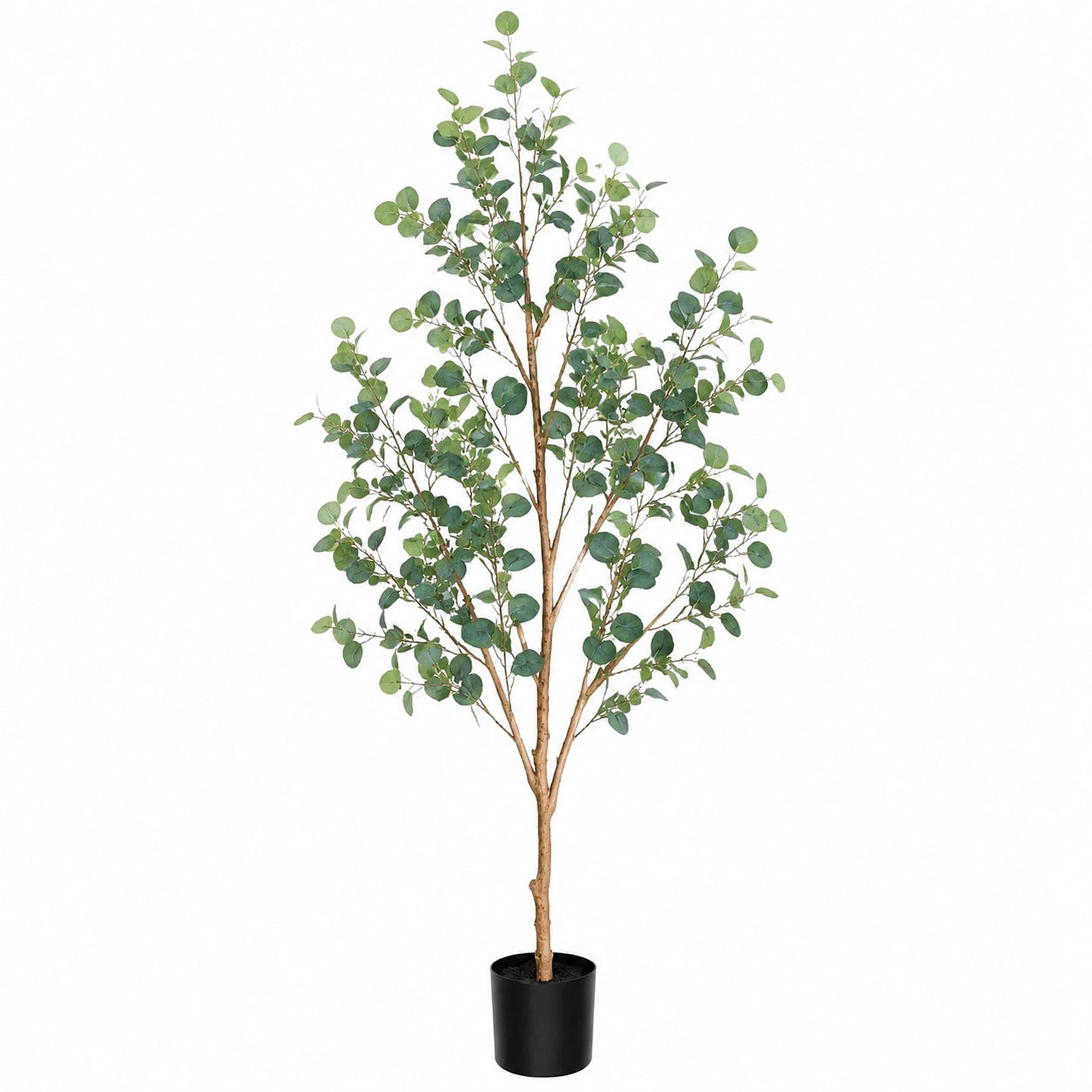 Albero artificiale di eucalipto 180 cm con foglie sintetiche verdi e vaso nero per interni