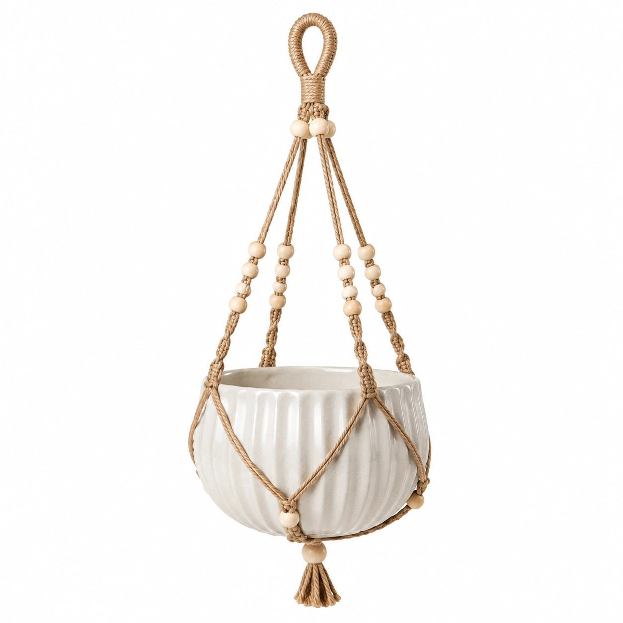 Vaso sospeso Ø16 x H13 cm in ceramica bianca con corda beige - stile boho per interni