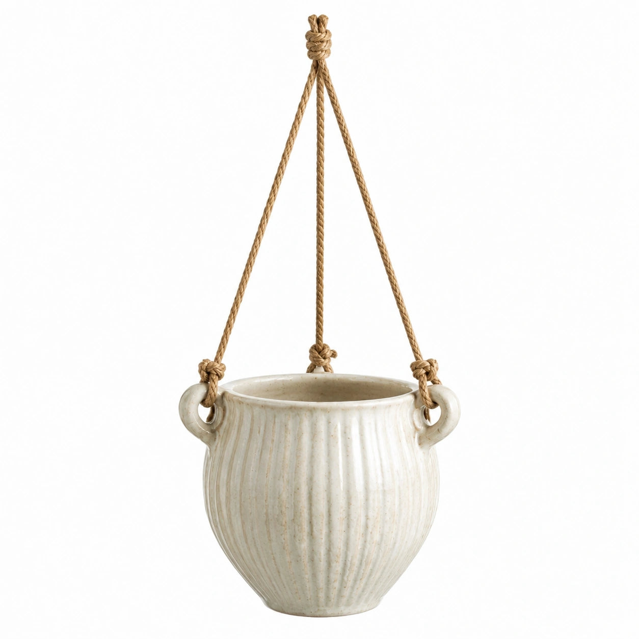 Vaso pensile Ø 18 cm in ceramica avorio con corda - portavaso sospeso per interni
