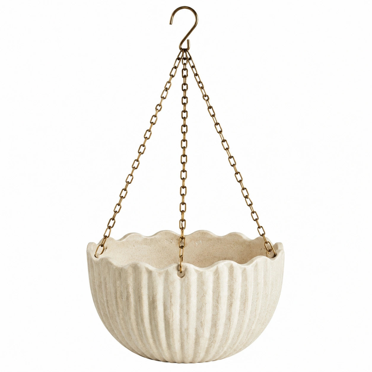 Vaso sospeso Ø 25 cm in ceramica beige con catene metalliche per piante