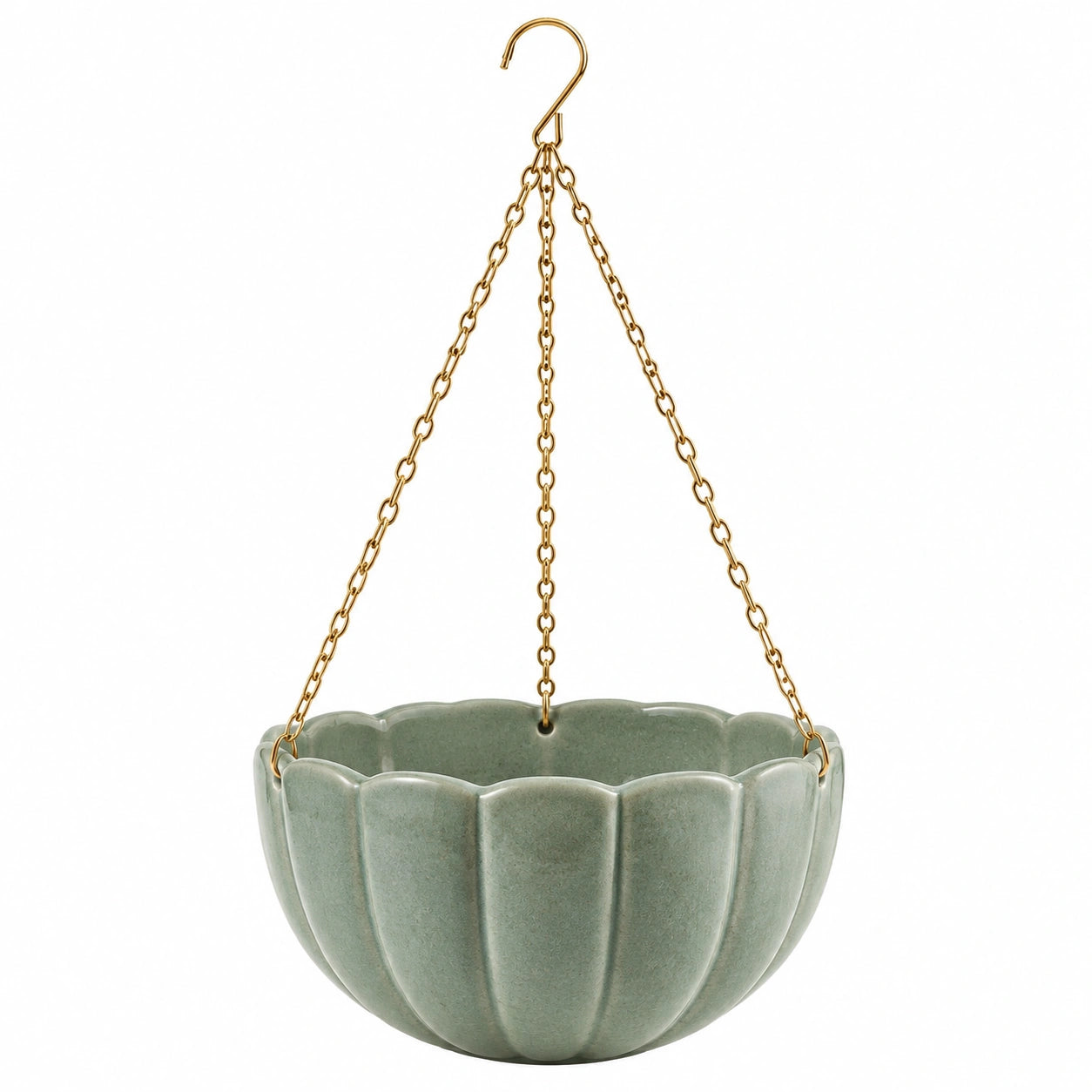 Vaso sospeso diametro 20 cm in ceramica verde con catene metalliche stile decorativo