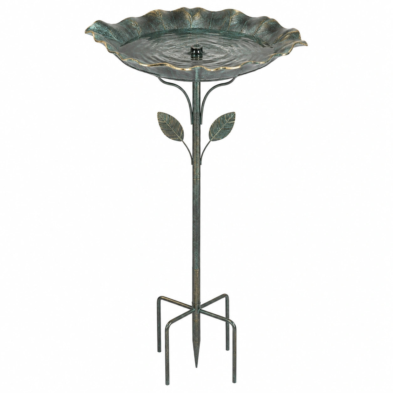 Bagno per uccelli da giardino Ø45 cm in metallo verde bronzo - con palo da interrare decorativo