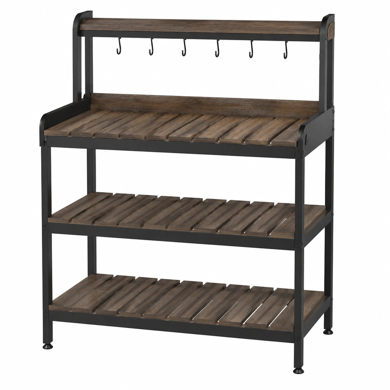 Banco da giardinaggio 100 x 55 x 160 cm in legno e metallo marrone nero con ripiani e ganci stile industriale