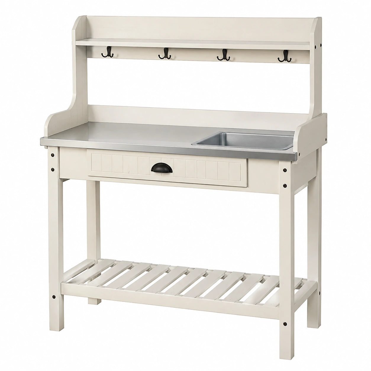 Banco da giardinaggio 100 x 50 x 160 cm in legno bianco con piano metallico e lavello da esterno