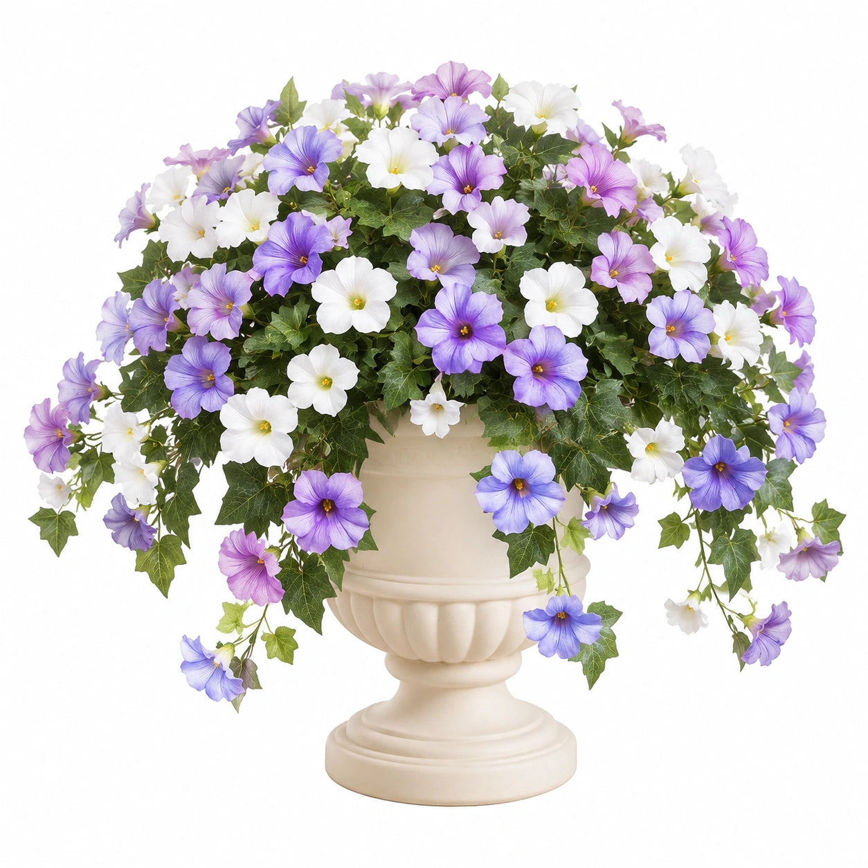 Pianta artificiale fiorita 65 cm in tessuto viola bianco con vaso decorativo da interno