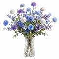 Composizione floreale artificiale 75 cm in plastica blu viola bianco con vaso in vetro - decorazione da interno