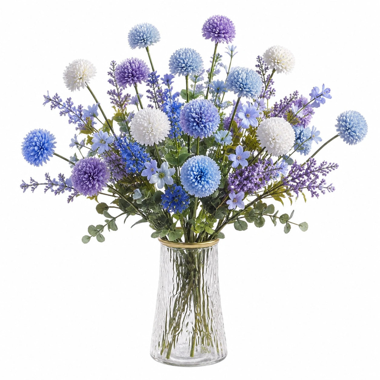 Composizione floreale artificiale 75 cm in plastica blu viola bianco con vaso in vetro - decorazione da interno