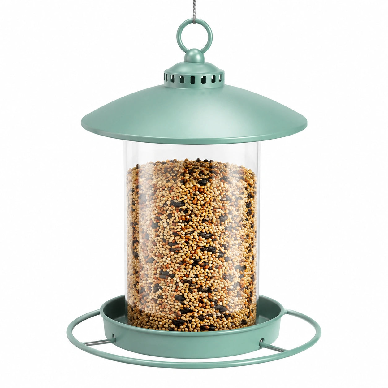 Mangiatoia per uccelli sospesa 25 x 35 cm in metallo e plastica trasparente verde salvia - dispenser cilindrico per semi