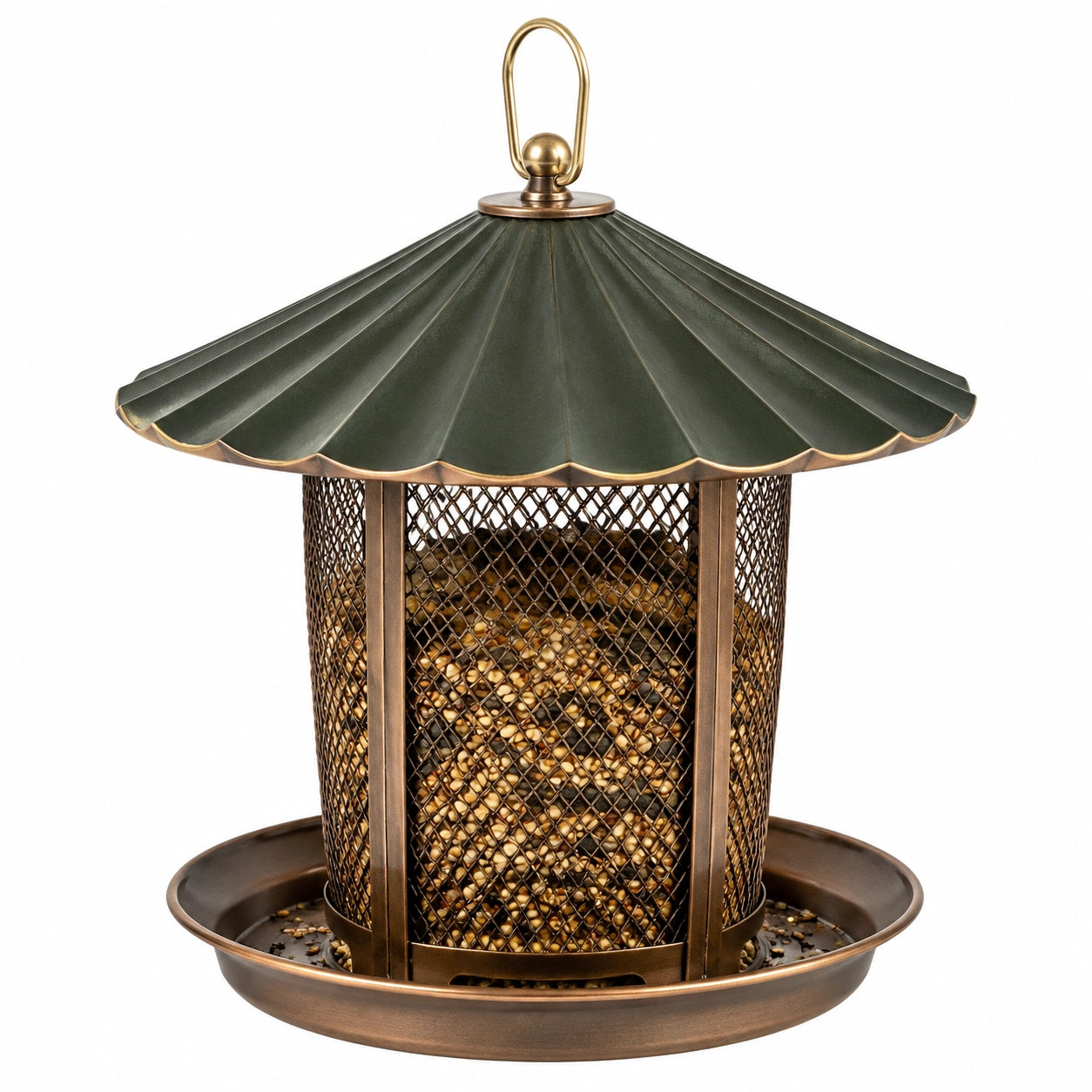Mangiatoia per uccelli sospesa 28 cm in metallo verde bronzo con tetto parasole