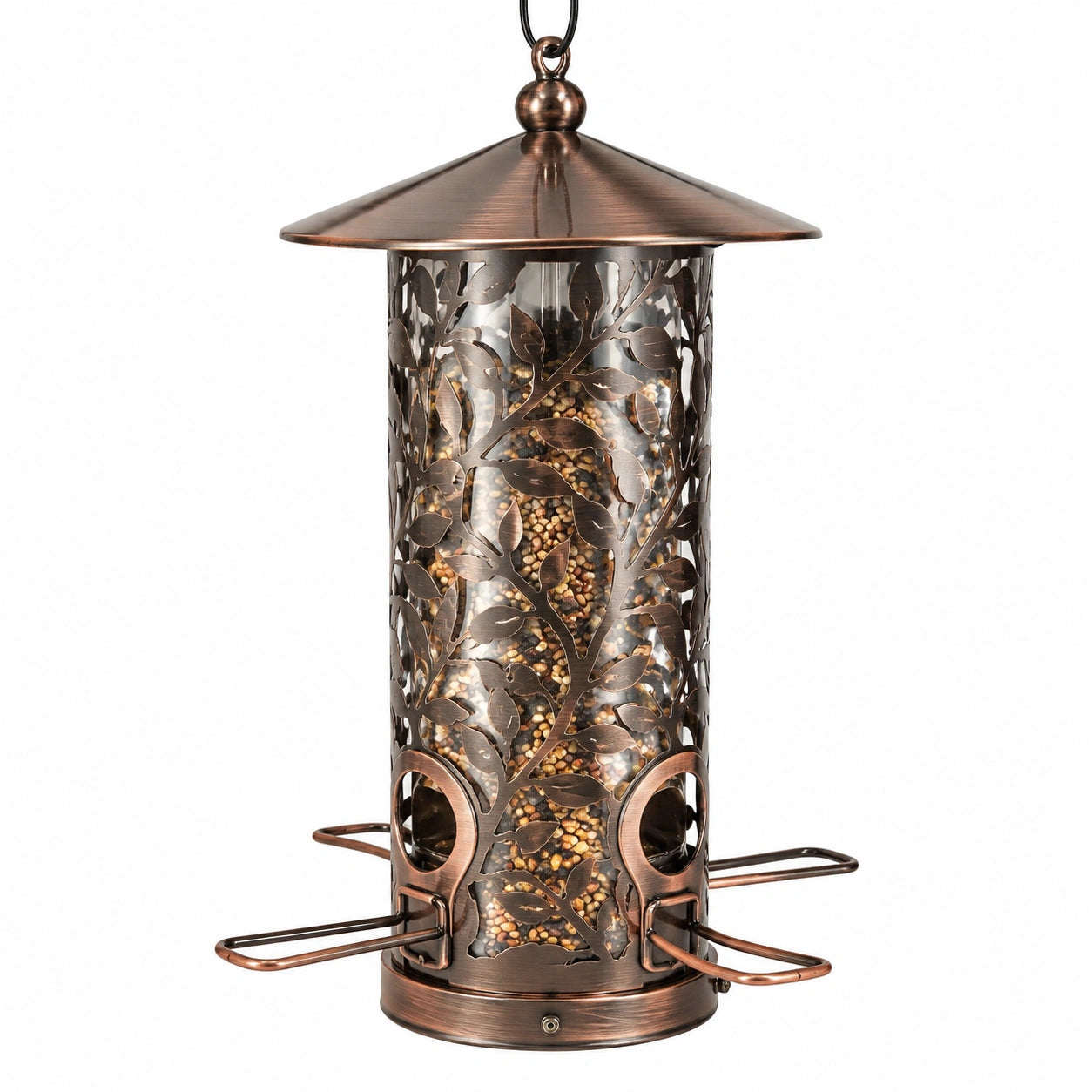 Mangiatoia per uccelli sospesa Ø 19 cm x H 30 cm in metallo ramato con contenitore trasparente decorativo
