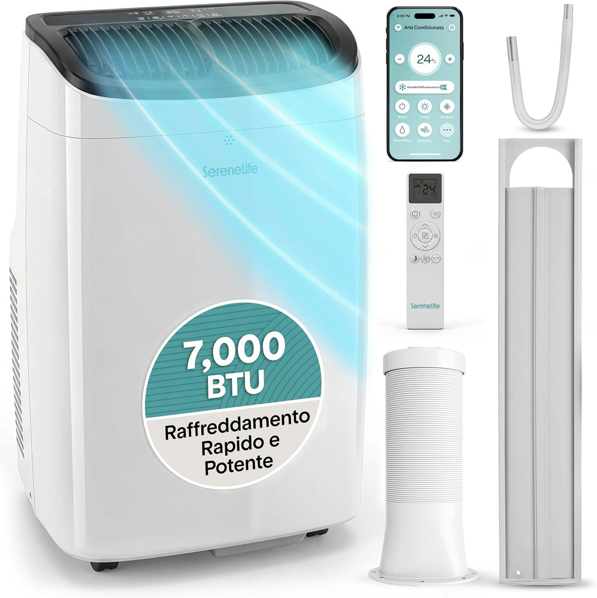 Condizionatore portatile, SereneLife, 7000 BTU, Bianco, illuminazione LED, telecomando