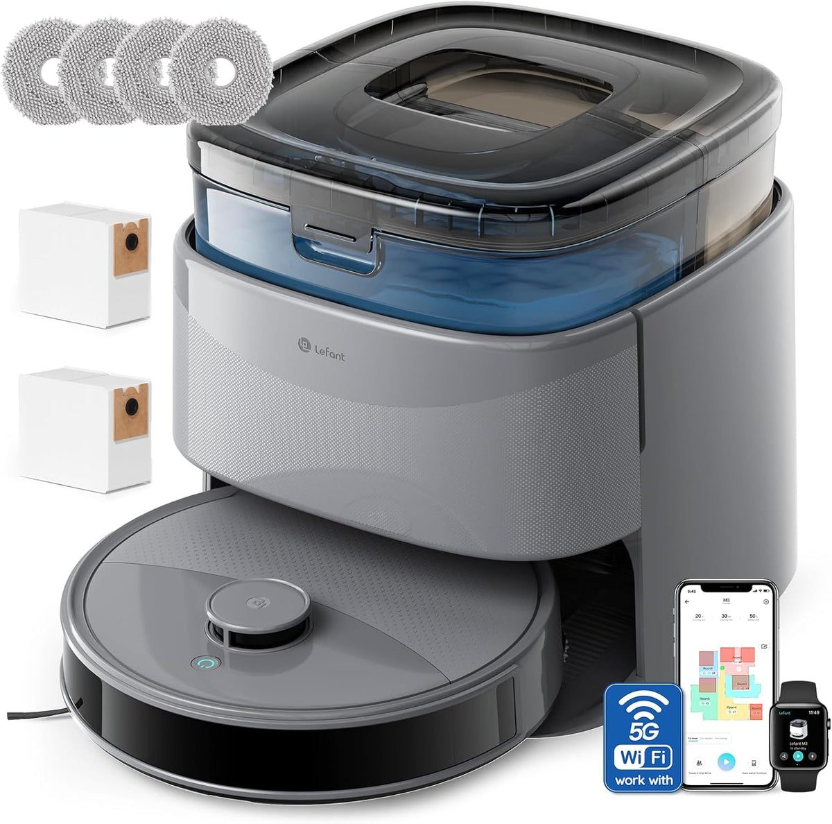 Robot aspirapolvere, Lefant, 45°C, 3,2 L, Grigio, Wi-Fi