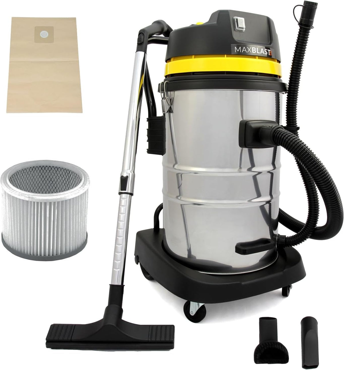 Aspirapolvere solidi e liquidi, E12, MAXBLAST, 45 L, 1400 W, 1.5 m, Nero, acciaio inox, filtro HEPA