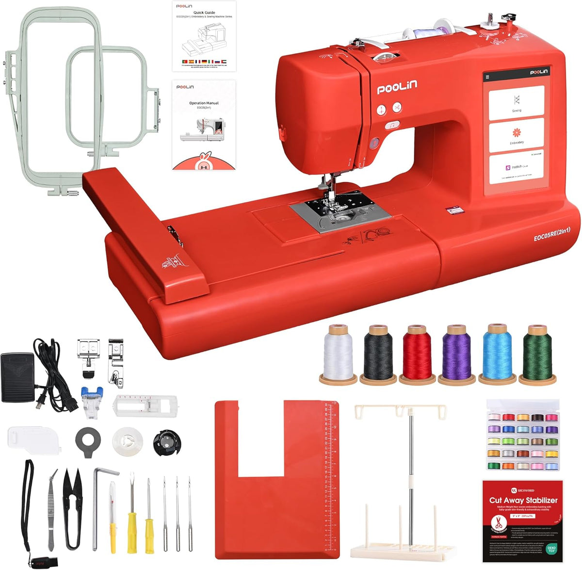 Macchina da ricamo, EOC05, Poolin, 10×10 cm, Rosso, USB, Wi-Fi, 2 in 1