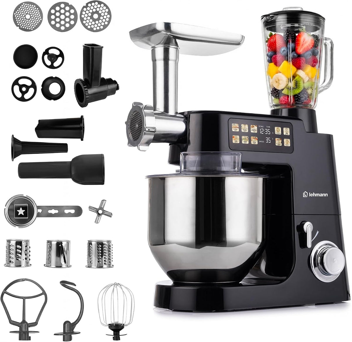 LEHMANN, Impastatrice planetaria, 2100 W, 8 L, 45°C, Nero, acciaio inox, timer
