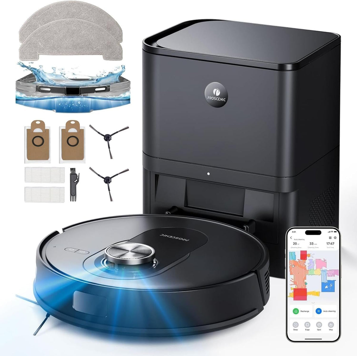 Robot aspirapolvere, Proscenic, 65 dB, 9,7 cm, 32 cm, Nero, Wi-Fi