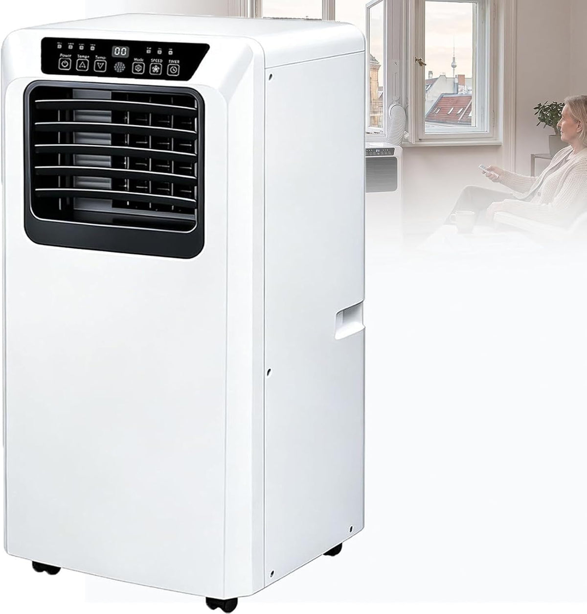 Condizionatore, WOMGKDA, 7000 BTU, 18 kg, 16°C, Bianco, illuminazione LED, telecomando, timer, 3 in 1