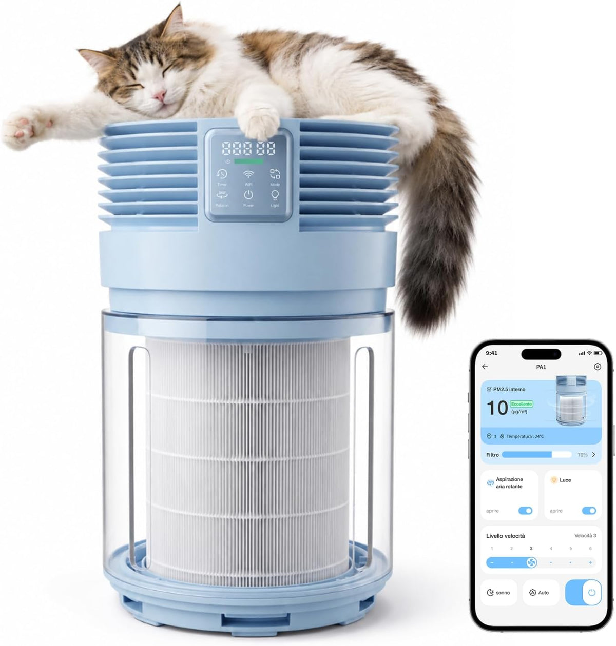 Purificatore d'aria, H13, PETGUGU, 320 m³/h, 19 mm, 28 dB, Bianco, timer, filtro HEPA