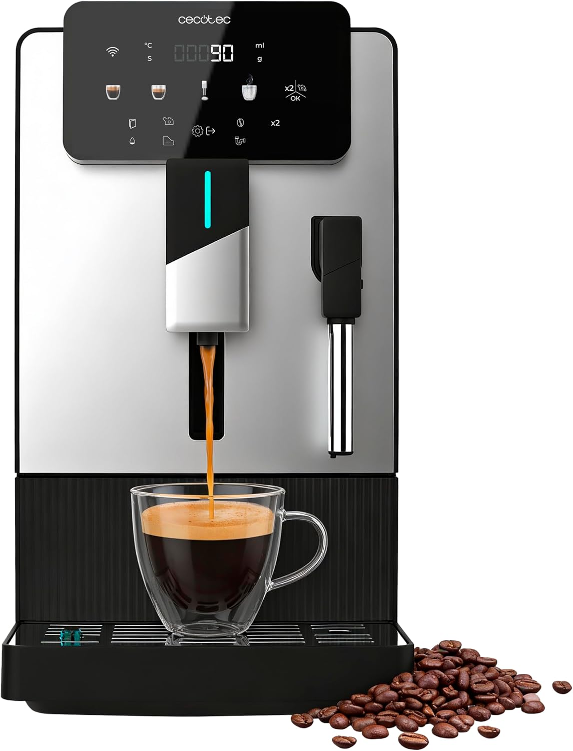 Cecotec, Macchina da caffè, 19 bar, 1,1 L, 150 g, Nero/Argento, vano contenitore, altezza regolabile, spegnimento automatico
