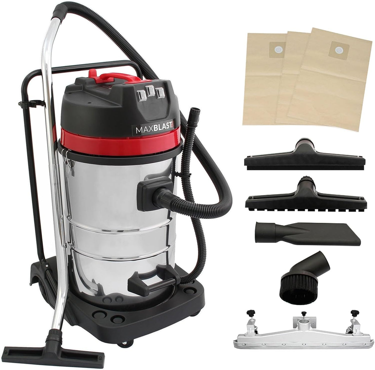 MAXBLAST, Aspirapolvere, 80 L, 3000 W, 1,5 m, Argento, acciaio inox