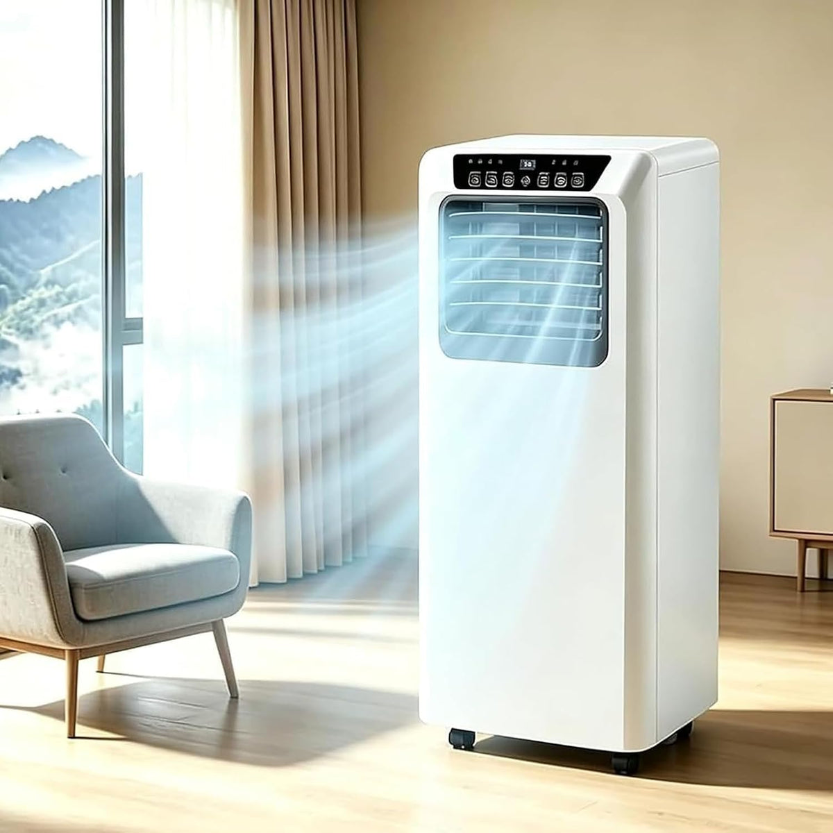 Condizionatore portatile, HUANQIN, 9000 BTU, 42 dB, 330x280x680 mm, Bianco, telecomando, timer