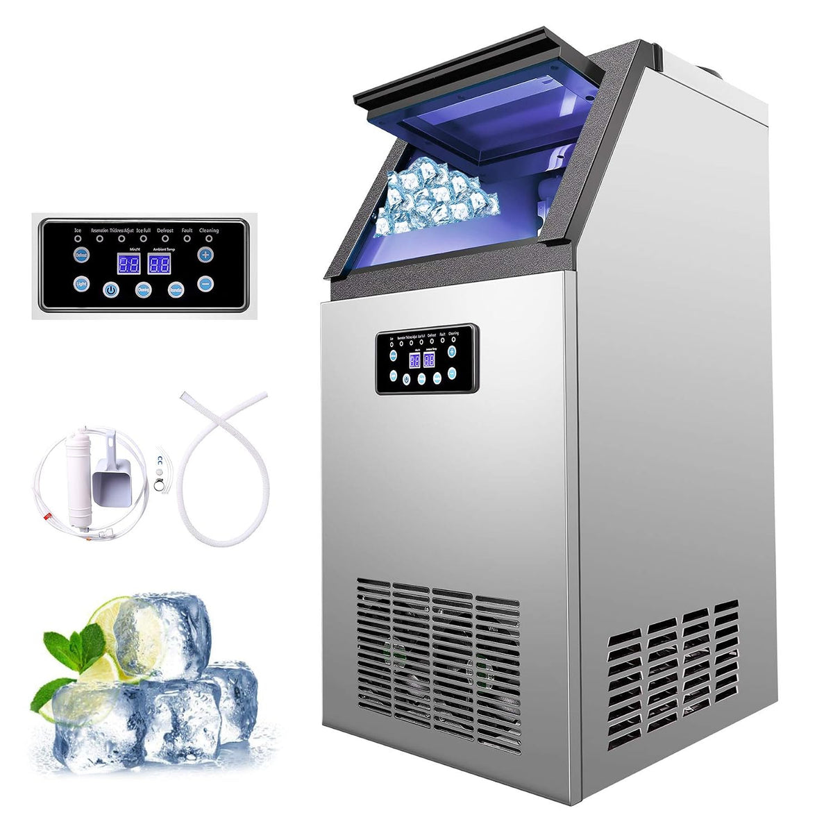 ZELUS, Macchina per cubetti di ghiaccio, 59 kg/24h, 495 W, Nero, acciaio inox, illuminazione LED, autopulizia