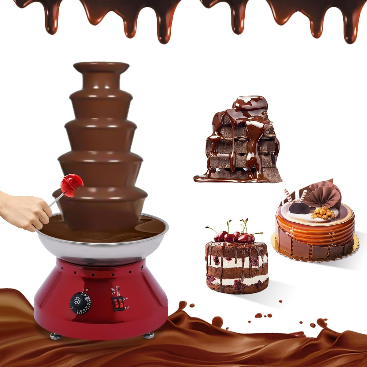 RUETERY, Fontane di cioccolata, 3000 ml, 230 W, 51 x 38 x 52 cm, Rosso, acciaio inox, protezione dal surriscaldamento