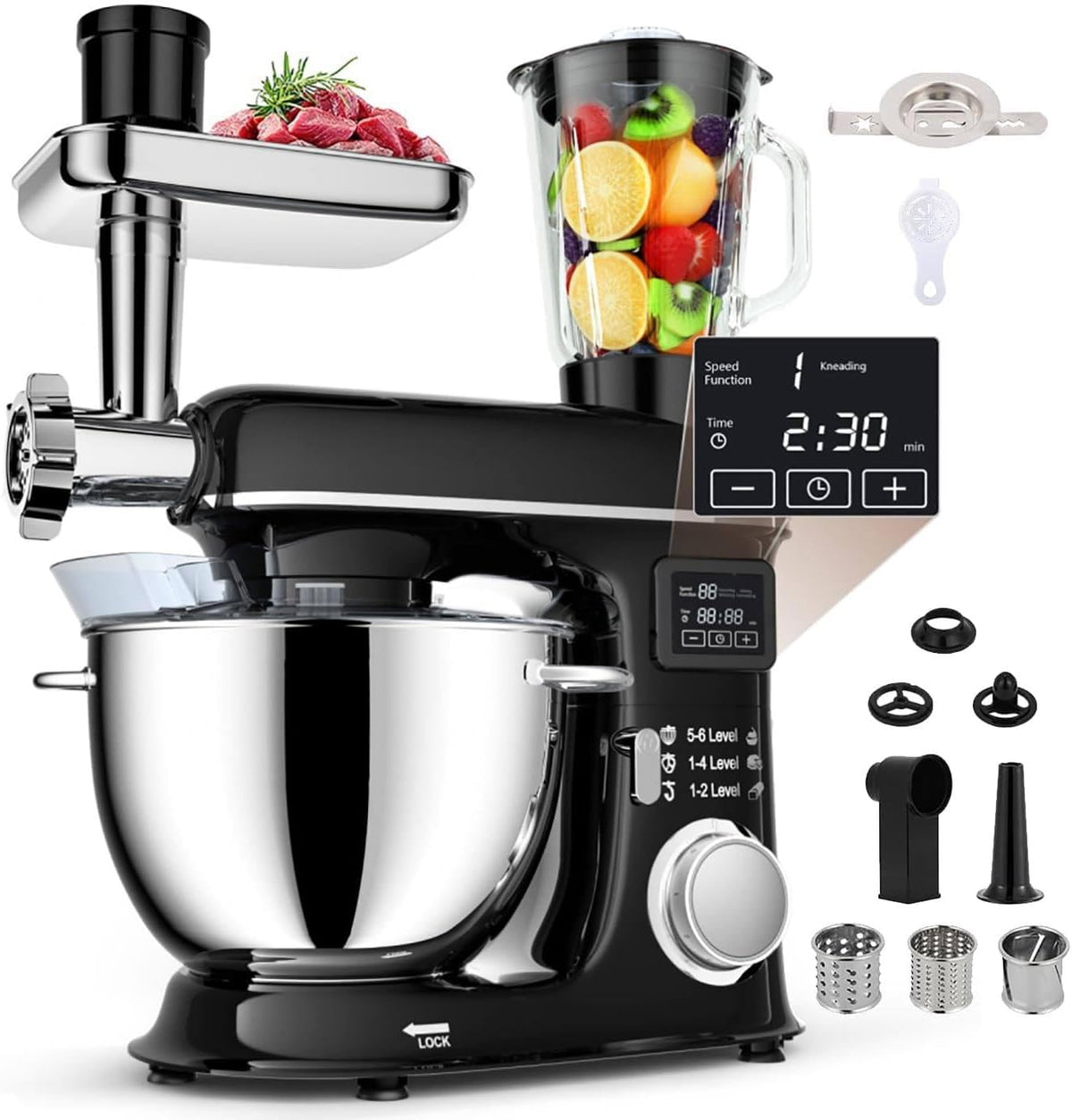 Impastatrice planetaria, LYAYYDS, 36,6 cm, 8,8 kg, 1500 W, Nero, acciaio inox, vano contenitore, timer