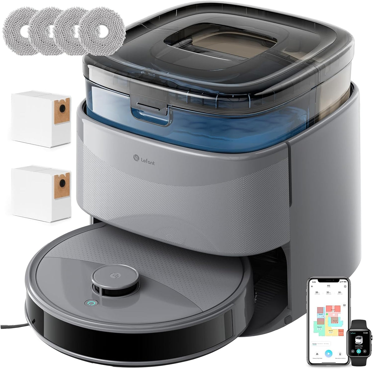 Lefant, Robot aspirapolvere, 45°C, 3.2 L, Grigio, Wi-Fi