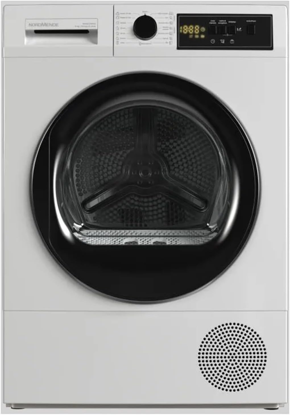 Asciugatrice, NDASC9046EV, Nordmende, 9 Kg, 64 dB, 84,5 cm, Bianco, illuminazione LED, pompa di calore