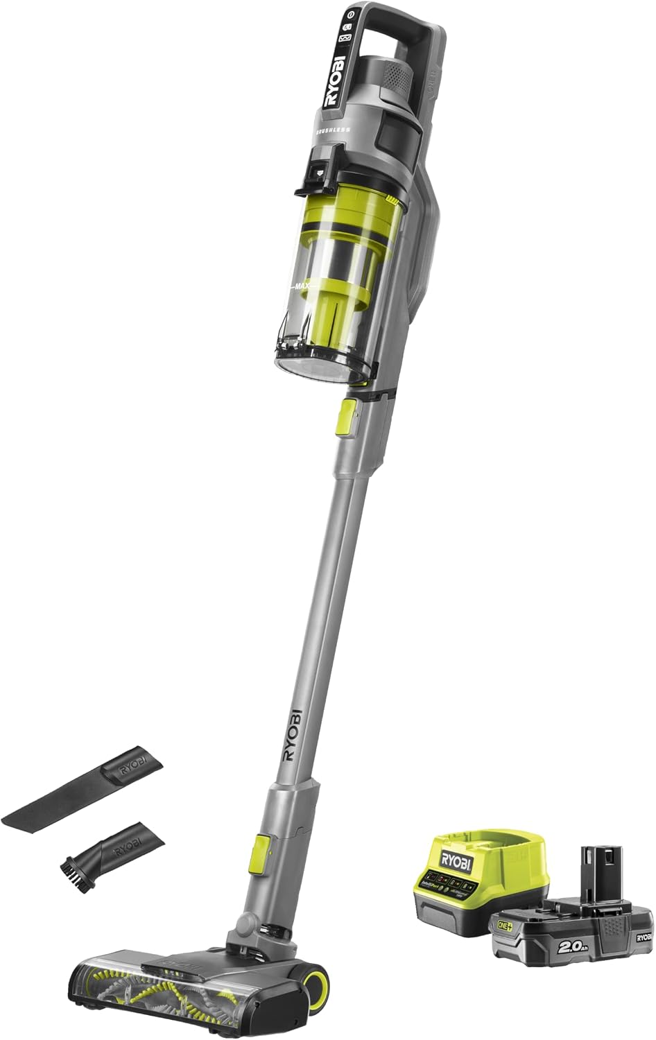 RYOBI, Aspirapolvere, RSVS18-1C20G, 18 V, 2,0 Ah, 600 ML, Nero, vano contenitore, illuminazione LED, funzionamento senza fili