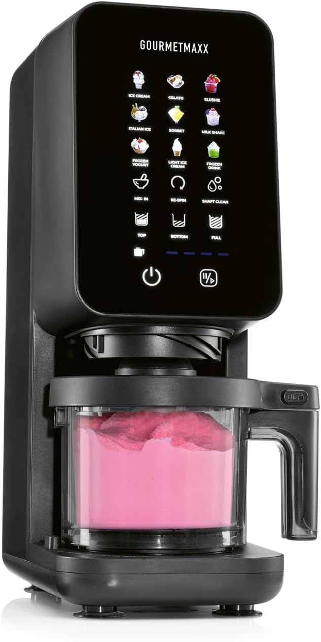 GOURMETmaxx, Gelatiera, 700 W, 500 ml, Nero, acciaio inox, vano contenitore, illuminazione LED