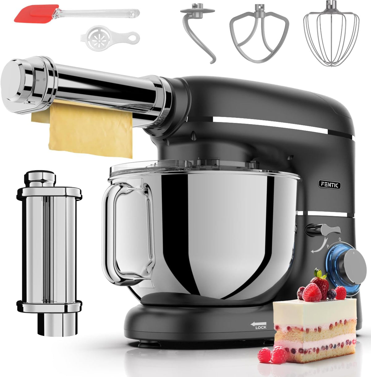 Fentic, Impastatrice planetaria, 2000 W, 6,2 l, 75 dB, Argento/Nero, acciaio inox, illuminazione LED, protezione dal surriscaldamento