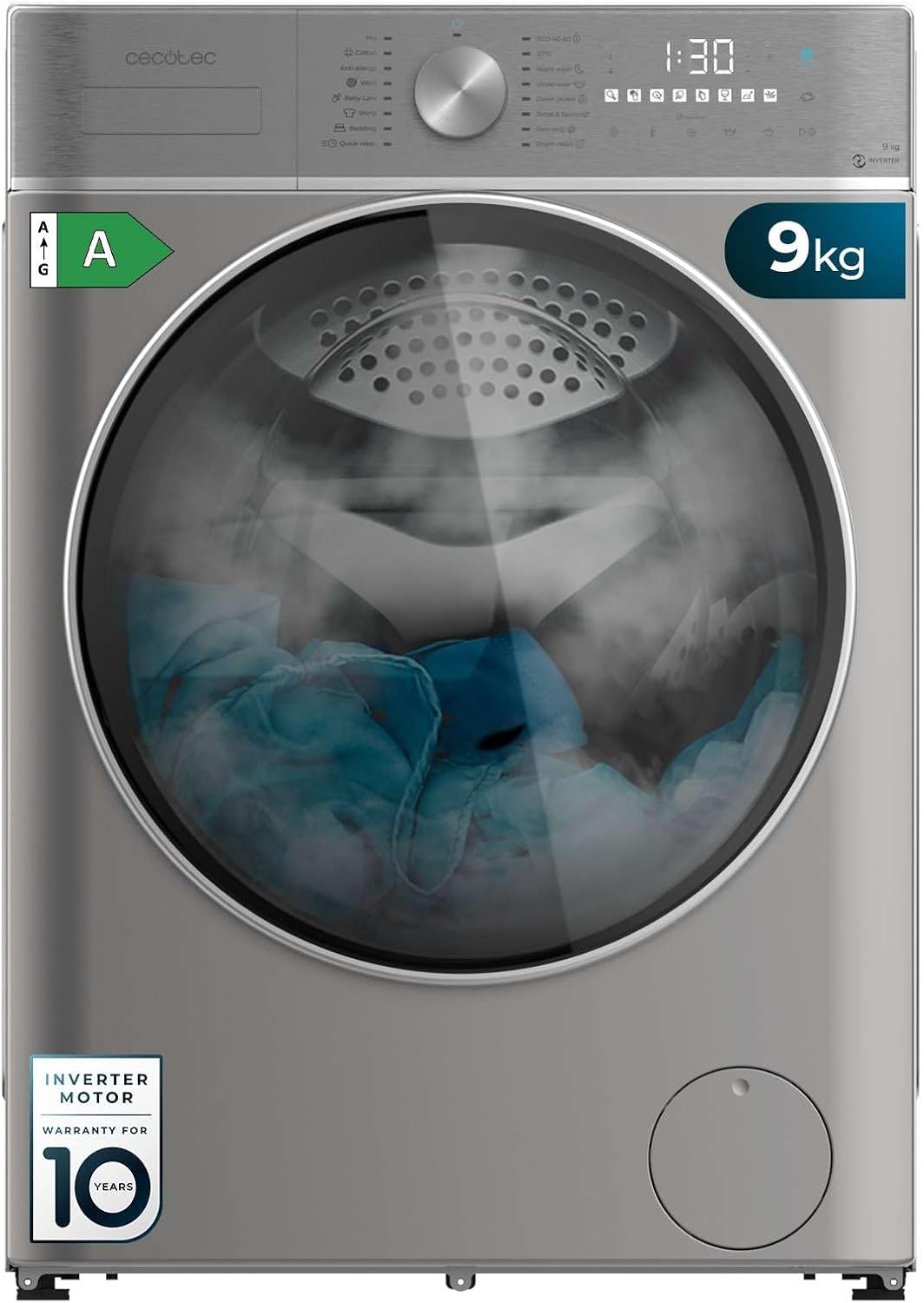 Cecotec, Lavatrice, 9 Kg, 1400 giri/min, Bianco, motore inverter