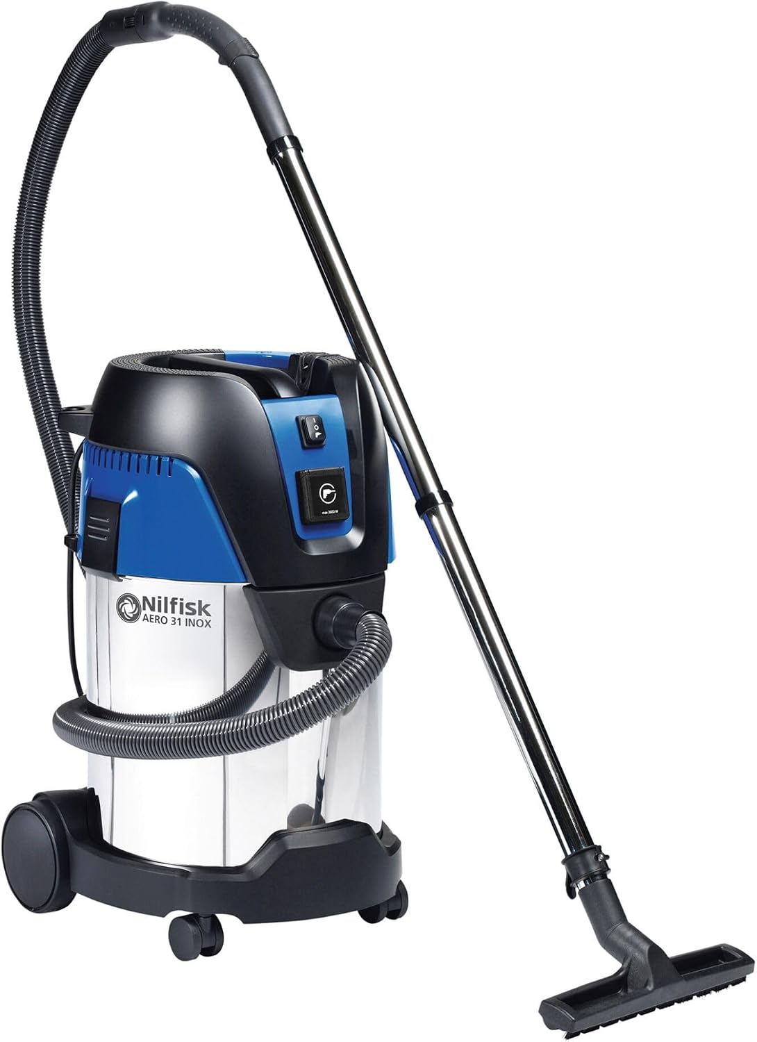 Nilfisk, Aspirapolvere, 1250 W, 230 V, 30 litri, Argento/Nero, acciaio inox, vano contenitore