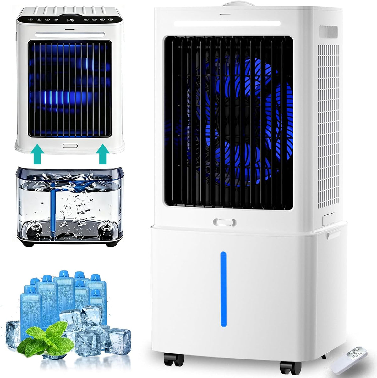 AnYaBinni, Condizionatore portatile, 25 L, 37,5 x 33 cm, 78 cm, Bianco, telecomando, timer, 3 in 1